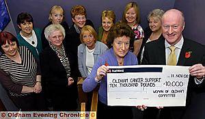 FANTASTIC . . . pictured at the cheque presentation (from the left) are Anne Sankaran (chairman) and Chris Hoyle from Oldham Cancer Support Centre, with other committee members 
