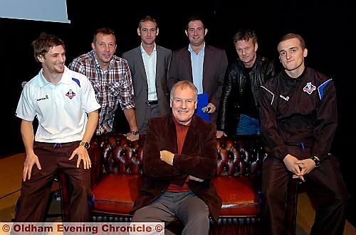OLD and the new . . . Latics legend Joe Royle (front) was joined at an Oldham Athletic Trust-organised question and answer evening at Playhouse 2, Shaw, by, from the left: Rob Purdie, Andy Rhodes, Lee Duxbury, David Broadbent (MC), Les Chapman and Lewis Alessandra. 