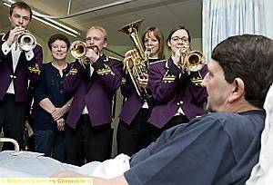 BAND leader Philip Goodwin was a bit “Brassed Off” at being in the Royal Oldham Hospital for weeks for tests, until members of his Delph band turned up and — just like the smash hit film — played a few notes to cheer him up. 
