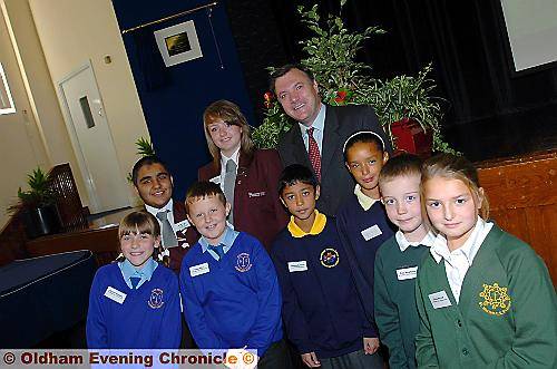 OLDHAM’S future . . . Ed Balls meets pupils from St Martin’s, Holy Rosary and Broadfield primary schools and Hathershaw College 