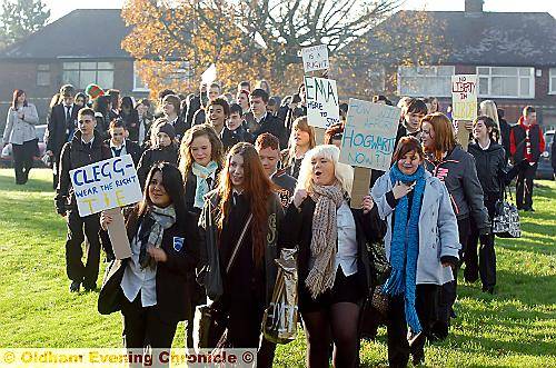 United... student organisers lead the protest in the school grounds 