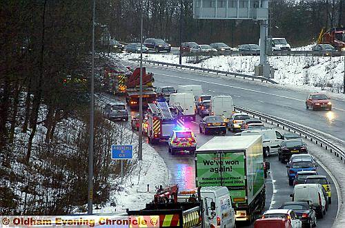CHAOS: the scene on the frozen A627M this morning following the major pile-up 