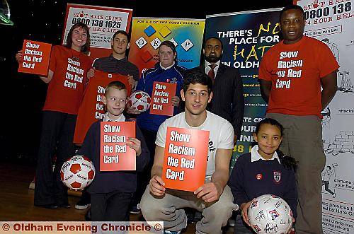 Pictured (back, from left,) Jo Wallis, Dean Furman (Latics) Leonnie Turner (St Augustine School) Tariq Rafique (Oldham Race Equality Partnership) and Leroy Rosenior. Front, from left, Lewis Wood (Royton Hall Primary) Joe Jacobson (Latics) and Teleisha Allert (Royton Hall Primary). 