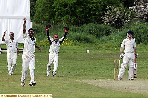FIRST-BALL DUCK . . . . Stayley bowler Usman Malvi successfully appeals for the wicket of Greenfield’s Ryan Fitton, caught behind by Sheeraz Azmi.  