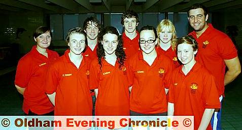 Oldham Aquatics Club members head to Sheffield on Monday. Pictured are assistant coach Carly Herbert (back, left) Danny Whitham,Matthew Shipp, Caitlin Wareing, head coach Lee Holland. Fracesca Chiappe (front, left) Olivia Askew, Sophie Kenny and Nicola Farrell. Not pictured: Rhiannon Prestage. 
