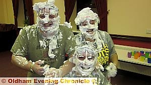 SCOUT leaders Kathy Temple-Heald, Jay Wilson and Simon Caine (left) got pie-eyed for the charity 
