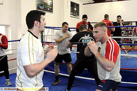 jab and move: Liam Thompson (left) and Danny Langtree keep a close eye on each other. 