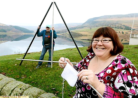 Knit one, dive one: Dr. Kershaw's volunteer Kay Burns at Dovestone Reservoir with intrepid pilot Mike Docherty  

