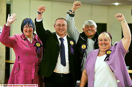 UKIP celebrates second place. Pictured (from the left) are Jackie Garnett-Allen, Derek Fletcher (UKIP candidate), Warren Bates and Carrol Ashton 