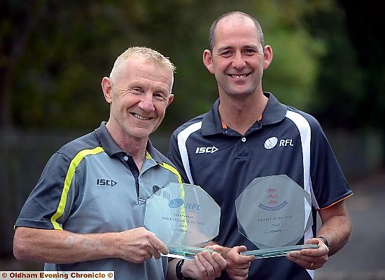 BIG SMILES . . . Tony Martin (left) and Gary Melling are pictured at Saddleworth School with their Rugby Football League awards.
