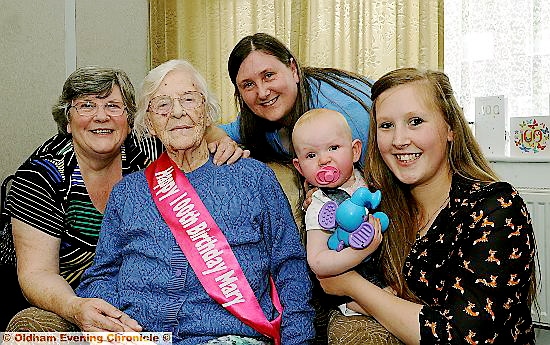 Mary Beels with five generations of her Family: (l-r) Angela Taylor, Mary Beels, Angela Egerton, Layla Hague and Rebecca Egerton