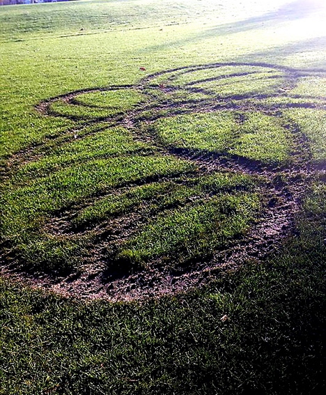 RUT and RUIN: vandals have damaged the playing surface with quad bikes
