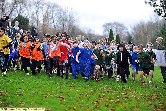 LET’S GO . . . competitors in the Years Three/Four race at the Hathershaw Sports Cluster Cross-Country Championships make a clean break from the start. 
