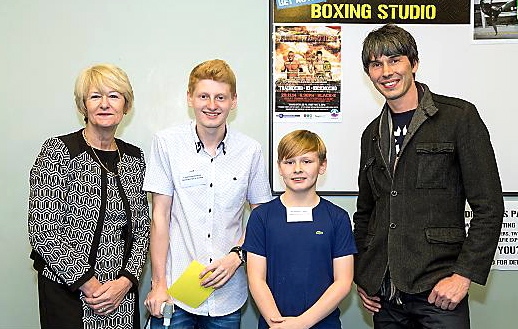 MADHLO visit . . . Professor Rothwell and tour guides Lewis Saunders Mckenzie Firth with Brian Cox. 