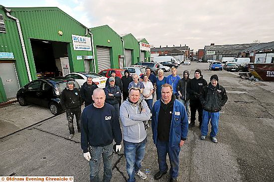 PREPARED to protest . . . (front, from left) Robert Haslop (C&M MOT test station), Graham Whitehead (KMO Medical and Dental Laboratory) and Harold Cleworth (Cleworth Motors) with fellow workers and business owners 
