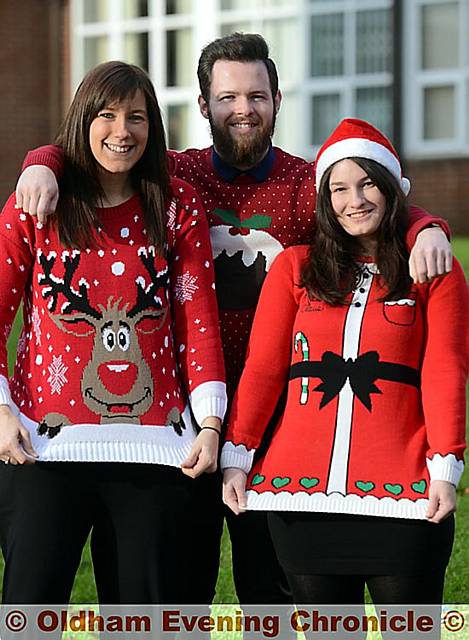 Hathershaw College staff show off their Christmas jumpers. Left to right, Becky Cheetham, Mark Robertson, Nicola Rogers.