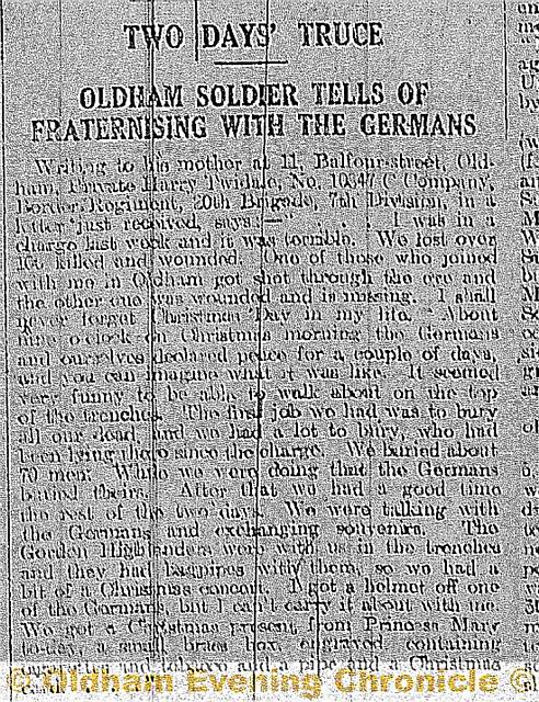 Letter published in the Oldham Chronicle about the First World War Christmas truce found by volunteers at the Local Studies and Archives Centre, Oldham. Letter from Harry Twidale.