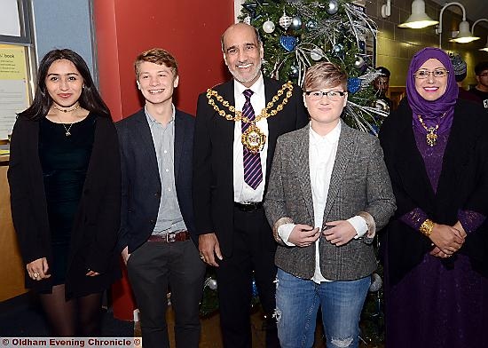 Oldham Sixth Form College Celebration Evening. Left to right, Krishmeela Rittoo, William Manchester (Outstanding Academic Achievement), Mayor Cllr. Fida Hussain, Bethany Russell (Helen Ramsden Prize for Health and Social Care), Mayoress Tanvir Hussain.