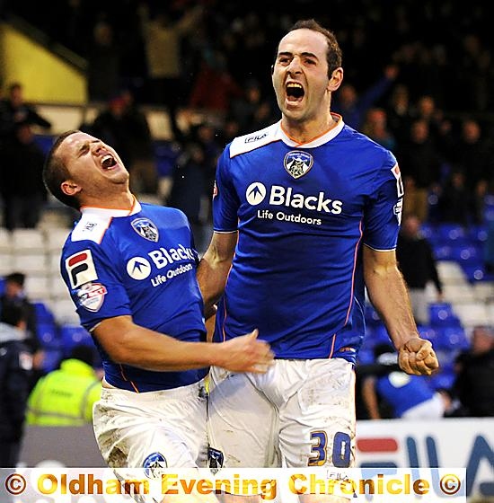 PLENTY TO SHOUT ABOUT: Gary Harkins (right) and James Wesolowski celebrate Athletic’s match-winning goal. 