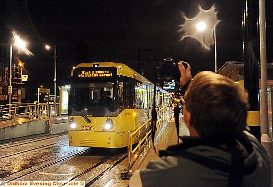THE first tram leaves Oldham Mumps for Manchester  

