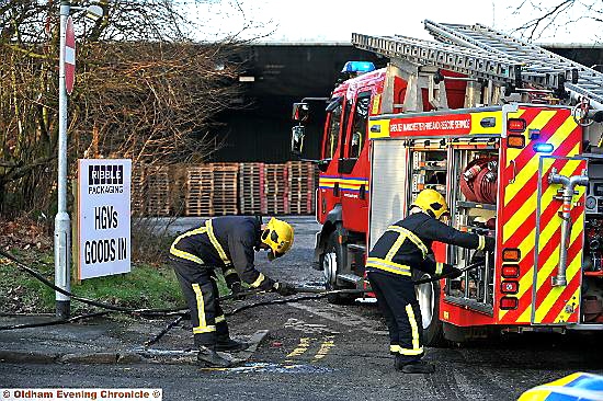 A FIRE crew at the scene of today’s incident at Ribble Packaging in Greengate Street.
