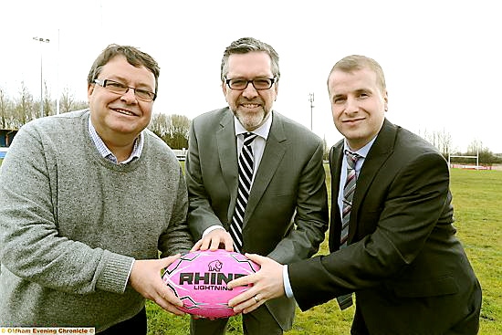 ON the ball: Oldham Rugby chairman Chris Hamilton (left) with Oldham College principal Alun Francis andcollege head of sport John Pietrzak 
