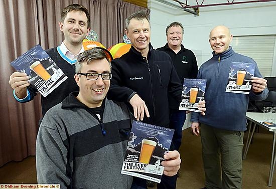 CHEERS . . . Saddleworth Round Table members (from the left) Kris Richmond, Matt Sykes, Dave Carter, Tony Harratt from Greenfield Brewery, and Rod Hunt 

