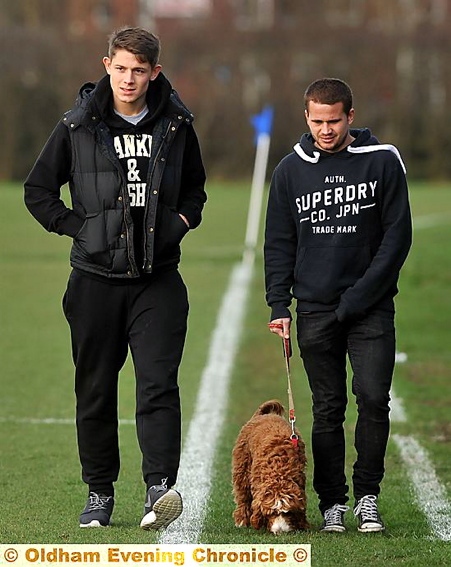LEADING THE WAY: James Tarkowski (left) with James Wesolowski - and Weso’s dog Sydney - at yesterday’s reserve game. PICTURE: DARREN ROBINSON 
