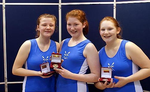MEDALS GALORE . . . Hollingworth Lake Rowing Club trio (from left) Sally Tisdall, Hannah Lowe and Molly Archbold. 