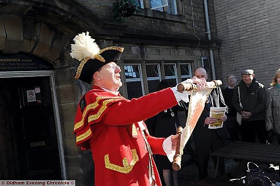 HISTORIC . . . Town Crier Andrew Powell announces the special event to mark the 150th anniversary 