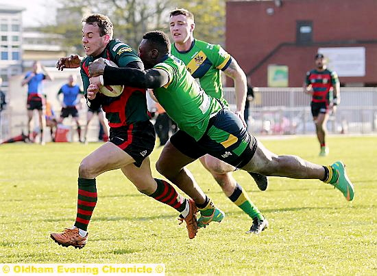 Oldham’s Mo Agoro makes the points-clinching tackle to deny London Skolars at the end of the game