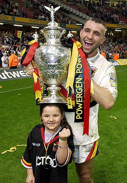 UP FOR THE CUP: Scott Naylor, pictured during his Bradford Bulls days, celebrates lifting the Challenge Cup after a 22-20 win over Leeds at the Millennium Stadium in 2003. 