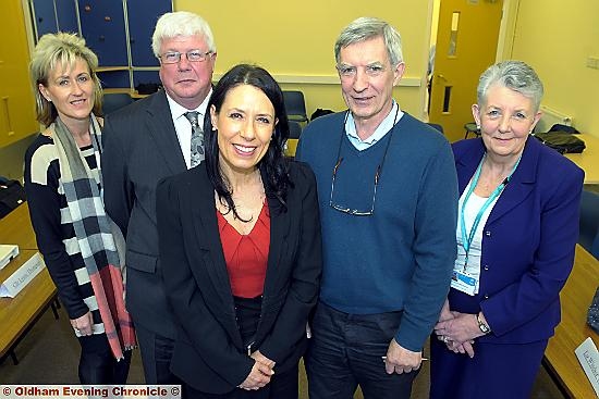 STRIVING for fairness . . . from left, are Cathy Butterworth of Oldham Council, Mike Kelly, head of responsibility at KPMG, global network of professional firms providing audit, tax and advice services, Debbie Abrahams, Professor Richard Wilkinson and Councillor Jenny Harrison 
