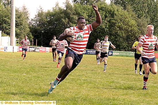 ON A ROLL . . . Oldham RL winger Mo Agoro took his tries tally for the season to 11 with a hat-trick against Scorpions yesterday.