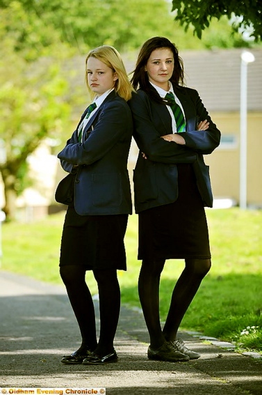 INCORRECT . . . Olivia Jobson, left, and Mia Bentley, both 12, were told these skirts were too short for school