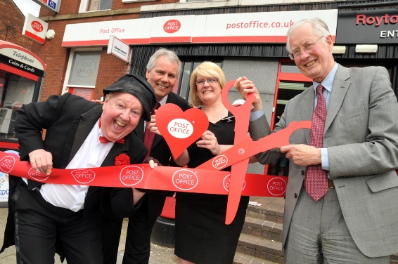 Jimmy Cricket, joint post office managers Paul Coughlan and Lynne Murphy and Michael Meacher.