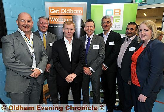 FESTIVAL launch: Paul Scholes (centre left) with (from the left) Terry Flanagan, board chairman at Mahdlo, Jeremy Broadbent, OBLG, Dave Benstead, OBLG, John Townsend, OBLG, Councillor Shoab Akhtar, Oldham Council’s cabinet member for employment and enterprise, and Councillor Amanda Chadderton, cabinet member for education and safeguarding