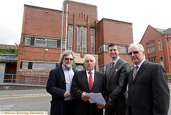 Left to right: Councillors Dave Houle, Dave Hibbert, council leaderr Jim McMahon and Neil Flynn of CSDA outside the baths