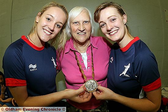 OLYMPIAN Dorothy Shirley-Emerson with GB under 18s handball players Harriet Richards (left) and Sophie Unsworth 
