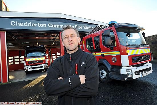 Fire Brigade Union (FBU) representative Dave German at Chadderton Fire Station.

The station only has one engine on stand-by (right). The other has been mothballed (left).