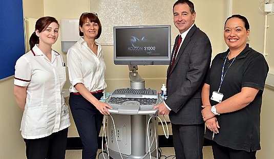 New ultrasound breast imaging equipment installed at North Manchester and Oldham hospitals. Pictured: [Left to Right] Melanie Taylor, Mammographer at North Manchester General Hospital; Alison Darlington, Consultant Radiographer North Manchester General Hospital; Richard Evans, Regional Sales Manager at Siemens Healthcare; and Jackie Dempsey, Clerical Officer at North Manchester General Hospital.