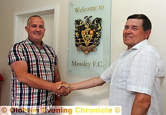 Oldham Boro FC groundshare with Mossley FC. Mark Kilgannon (left) chairman of Oldham Boro' with Mossley director Steve Tague.
