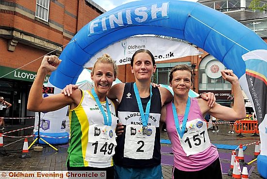 FROM LEFT: Winner Gaynor Keane (Saddleworth Runners) with second-placed Kirsty White (Royton Runners) and Amy Shadbolt (Saddleworth Runners).
