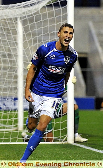 WHAT A FEELING: James Wilson celebrates his equalising goal for Athletic last night. 
