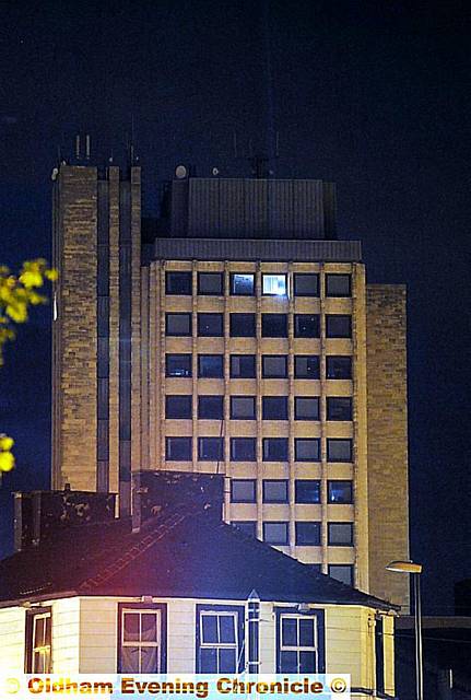 A single light on the 14-floor at the Civic Centre