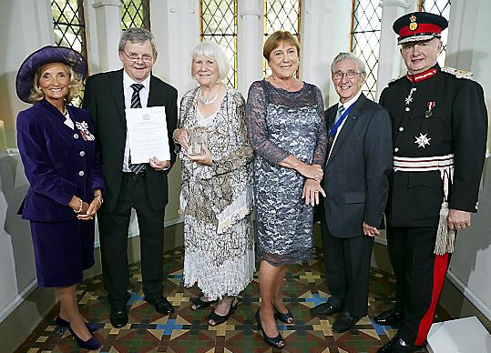Greater Manchester Lieutenancy presentation to winners of The Queens Award for Voluntary Service 2014 at Gorton 'The Monastery'. Vice Lord-Lieutenant of Greater Manchester, Mrs Edith Conn; Bill Barlow, Marjorie Gratton, Maggie Holmes and Alan Griffiths from Oldham Bereavement Support Service and Her Majesty’s Lord-Lieutenant of Greater Manchester, Warren Smith.