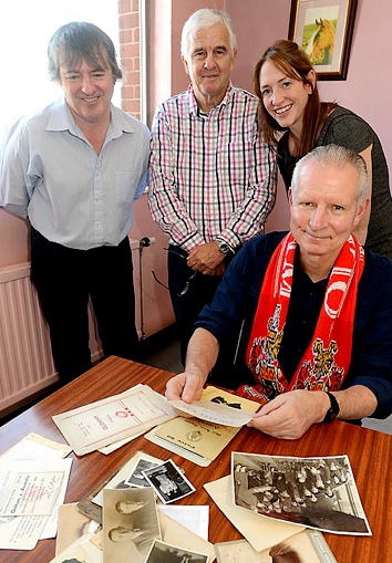 LOOKING BACK . . . David Colquhoun (front) is researching the history of former Oldham rugby player George Smith. With Colquhoun are Michael Turner and Brian Walker, of Oldham Rugby Heritage Trust, and and Smith’s great-granddaughter Pippa Lowe.