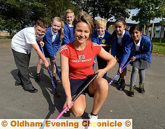 BE a winner: hockey star Charlotte Hartley, with year five pupils after helping to launch the Be the Best you can Be! campaign. From left Bradley Gleeson, Grace Elswood, Owen Hartley, Oliver Ankers, Akeela Yousaf and Emaan Ashraf