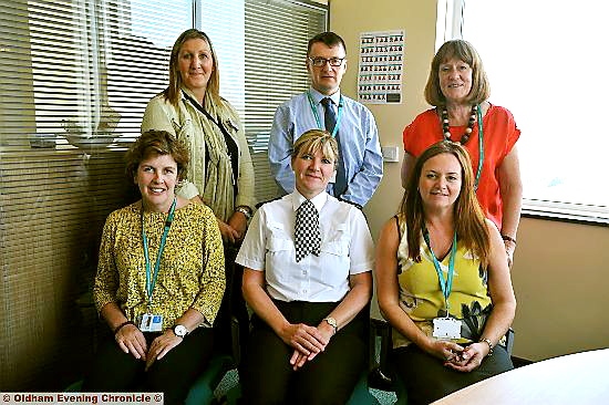 MASH team leaders: back from left, Det Sgt Lindsey Curry, Chief Insp Haydn Roberts, Councillor Barbara Brownridge. Front, from left, Colette Kelly, Supt Denise Worth and Jill Beaumont. 
