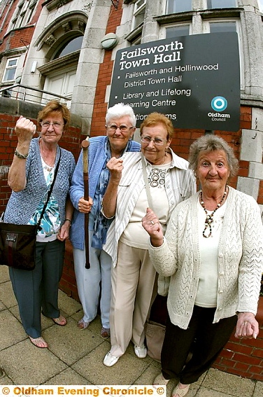 KNOCK knock, who’s there? . . . It’s the Failsworth Townswomen’s Guild and we’re stuck in the lift. From left, Lilian Halliwell, Ray Burns, Barbara Bebbington and Beryl Reed.
